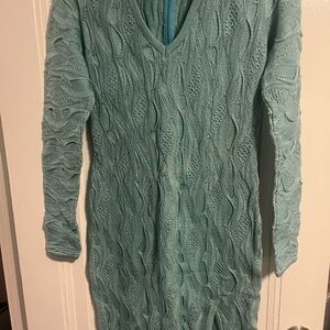 COOGI Mint Green Cable Knit V-Neck Long Sleeve Dress